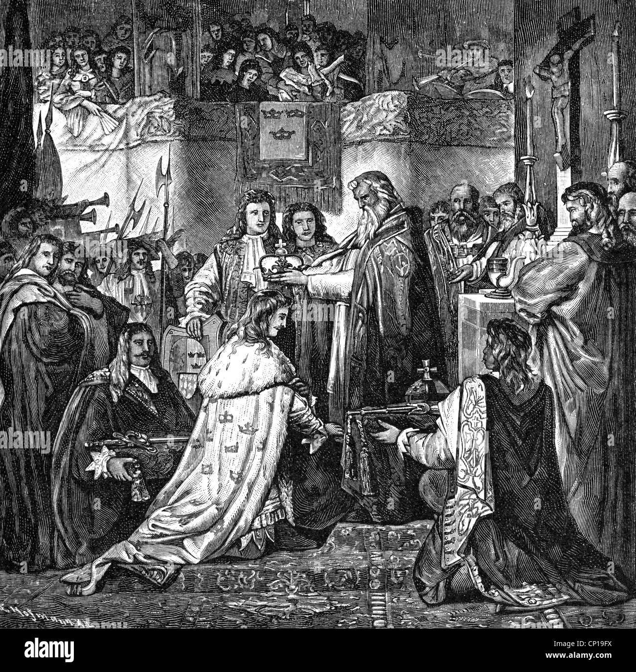 Charles X Gustav, 8.11.1622 - 23 2.1660, König von Schweden 16.6.1654 - 23.2.1660, Krönung im Dom von Uppsala, 1654, Holzgravur, 19. Jahrhundert, Stockfoto