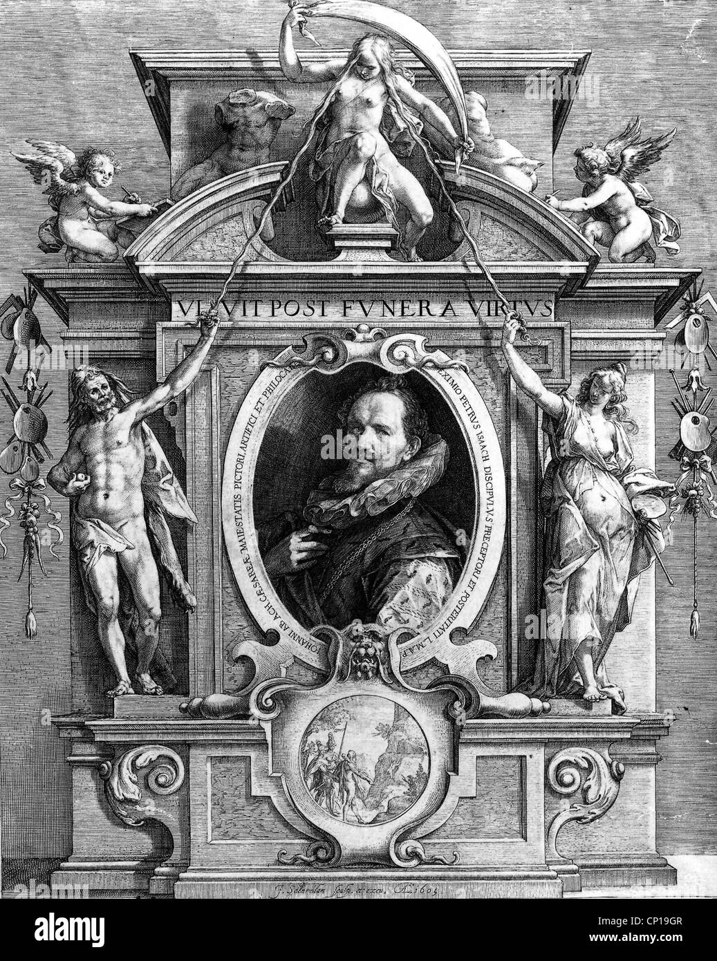 Bildende Kunst, Saenredam, Kupfer Jan ca. 1565-1607, Porträt von Hans von Aachen, Gravur, 1605, Allegorie, Allegorien, Rahmen, Stockfoto