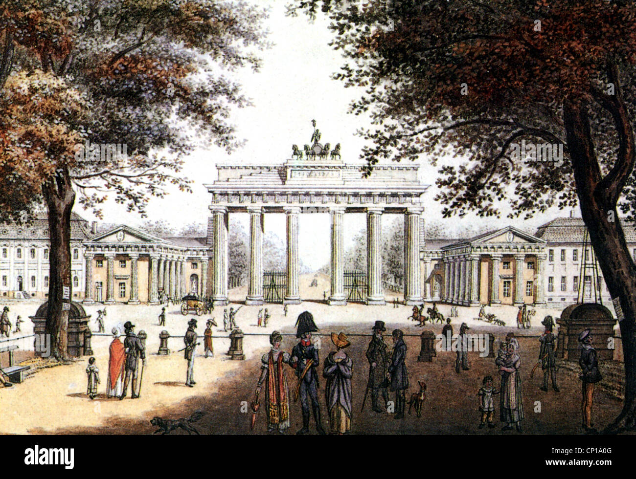 Geographie / Reisen, Deutschland, Berlin, Brandenburger Tor, erbaut 1733 - 1808 von Karl Gotthard Langhans, Aquarell von Friedrich August Calau, um 1830, zusätzliche-Rechteklärung-nicht möglich Stockfoto