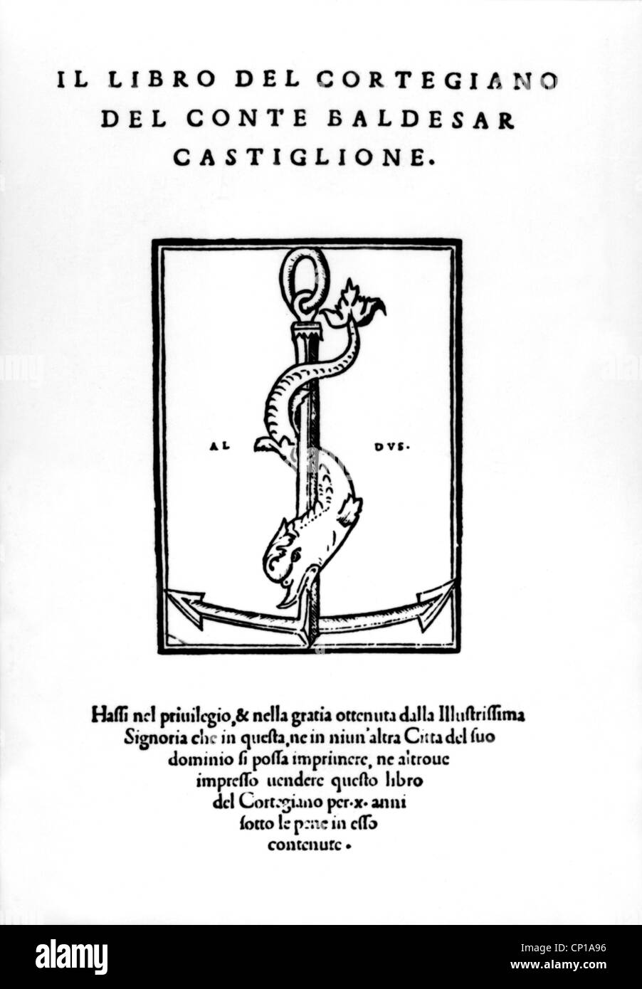 Castiglione, Baldassare Graf, 6.12.1478 - 7.2.1529, italienischer Autor/Schriftsteller und Politiker, Werk "Il libro del Cortegiano", Cover, Venedig, 1528, Stockfoto