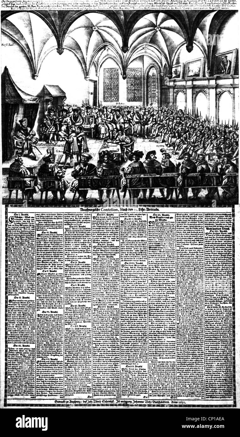 Veranstaltungen, Reformation, Augsburger Frieden, 25.9.1555, Einzelblatt-Holzschnitt, anlässlich des 100. Jahrestages, Johannes-Vieh-Verlag, Szene: Die evangelischen Fürsten mit Glaubensbekenntnis (Confessio Augustana) lasen Kaiser Karl V. 1530 auf dem Reichstag Augsburg vor, Zusatzrechte-Clearenzen-nicht vorhanden Stockfoto