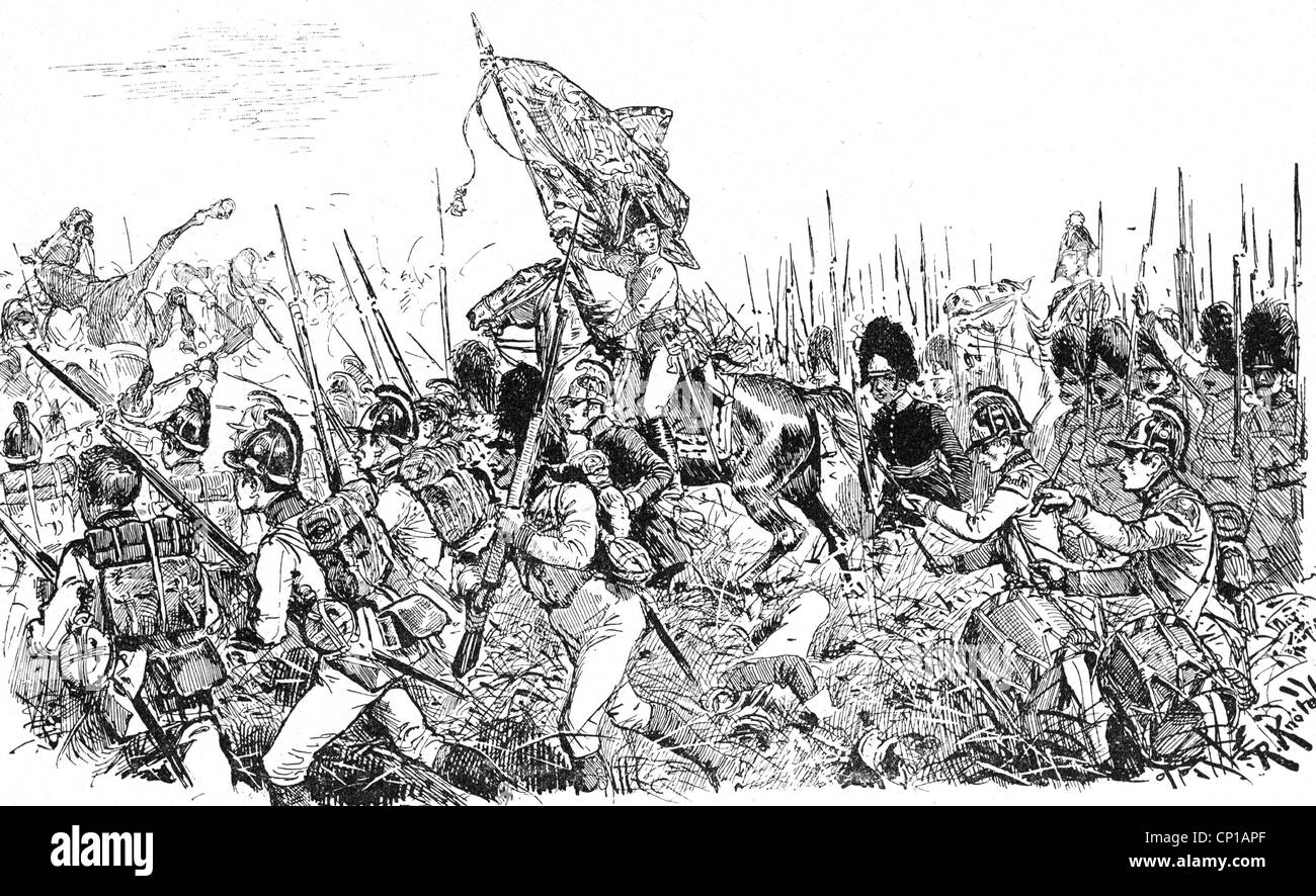 Ereignisse, Krieg der Fünften Koalition, 1809, Schlacht von Aspern-Essling, 21./22.5.1809, Erzherzog Karl mit der Flagge des Regiments Zach bei Aspern, Zeichnung, 19. Jahrhundert, Zusatzrechte-Clearences-nicht vorhanden Stockfoto