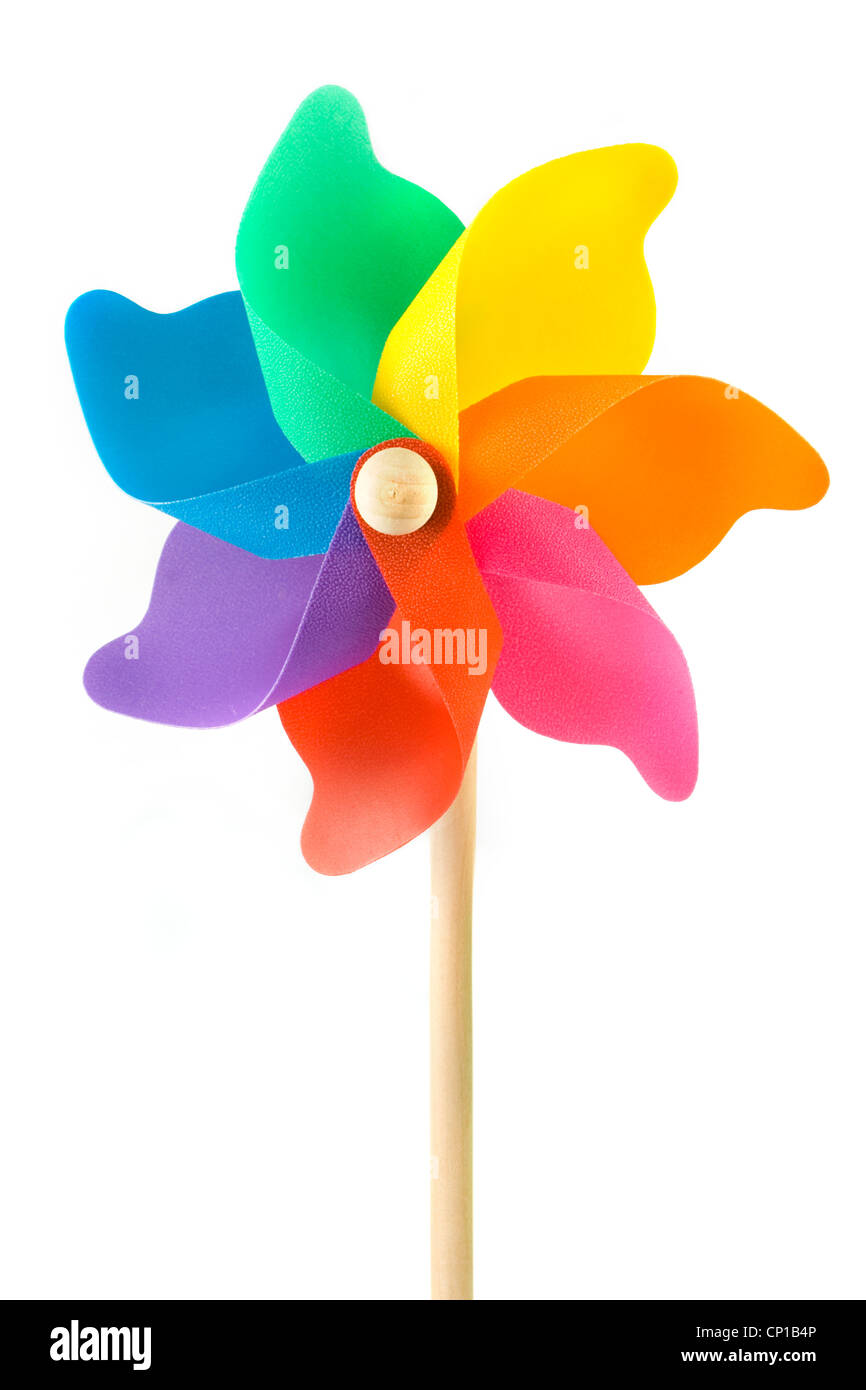 Bunte Plastikspielzeug Windmühle über weiß Stockfoto