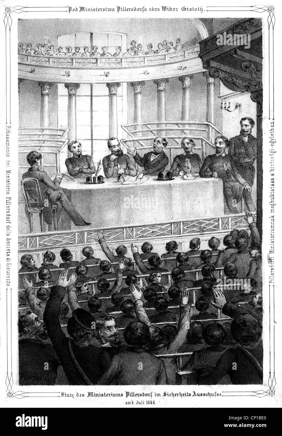 Ereignisse, Revolutionen von 1848/1849, Österreich, Wien, das Ministerium unter Franz von Pillersdorf wird vom Sicherheitsrat gewählt, 8.7.1848, zeitgenössisch, Lithographie, Beschreibung in vier Sprachen (Deutsch, Ungarisch, Tschechisch und Italienisch), Premierminister, Minister, Verwaltung, Kabinett, Abstimmung, Handzeichen, 19. Jahrhundert, Politik, Politiker, historisch, historisch, Menschen, Zusatzrechte-Clearenzen-nicht vorhanden Stockfoto