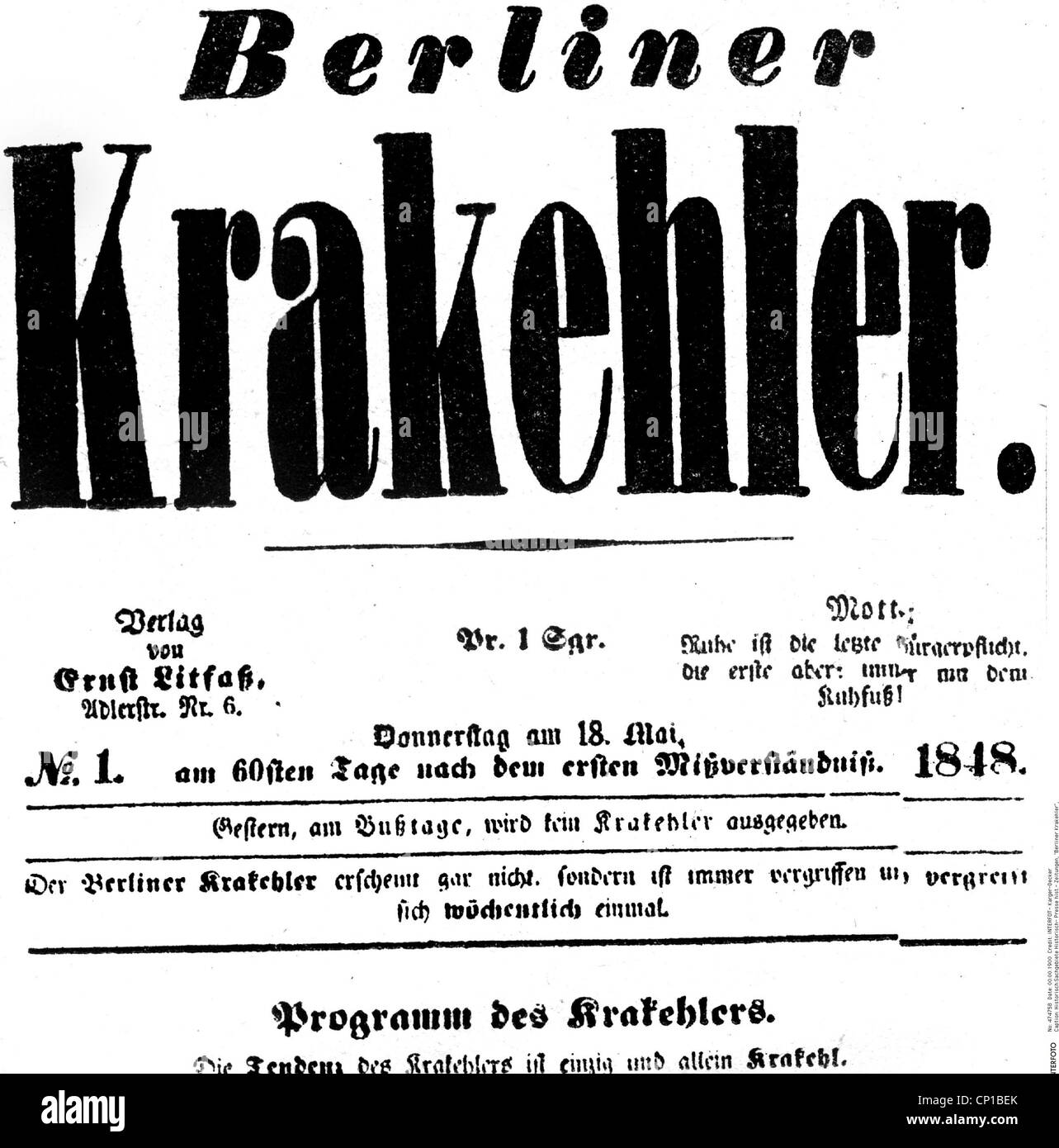 Presse / Medien, Zeitung, 'Berliner Krakehler', Nummer 1, 18.5.1848, herausgegeben von Ernst Litfass, Zusatzrechte-Clearences-nicht verfügbar Stockfoto
