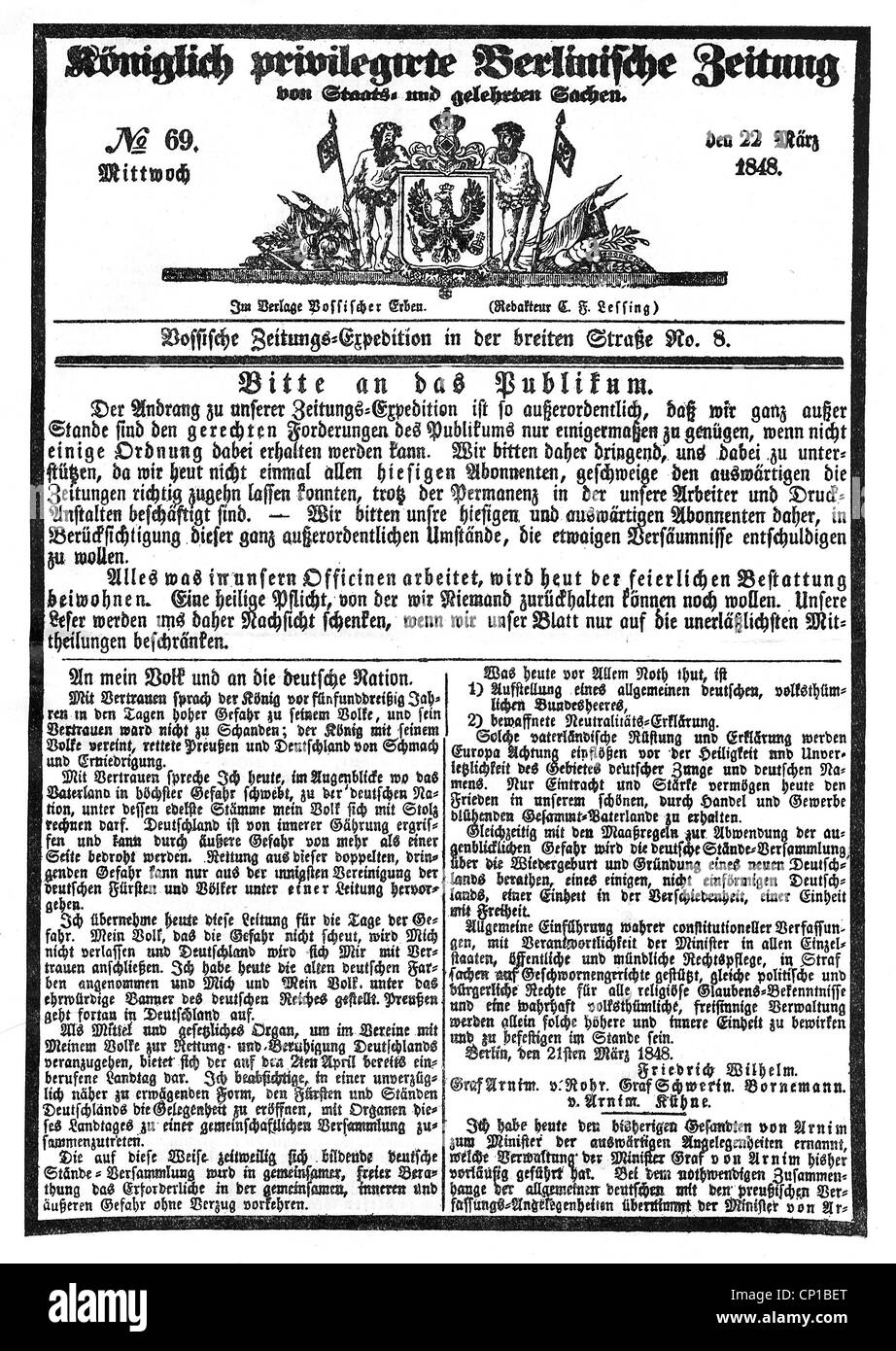 Presse / Medien, Zeitung, 'Königlich Priviligierte Berlinische Zeitung', Nummer 69, 22.8.1848, Titelseite, Zusatzrechte-Clearences-nicht vorhanden Stockfoto