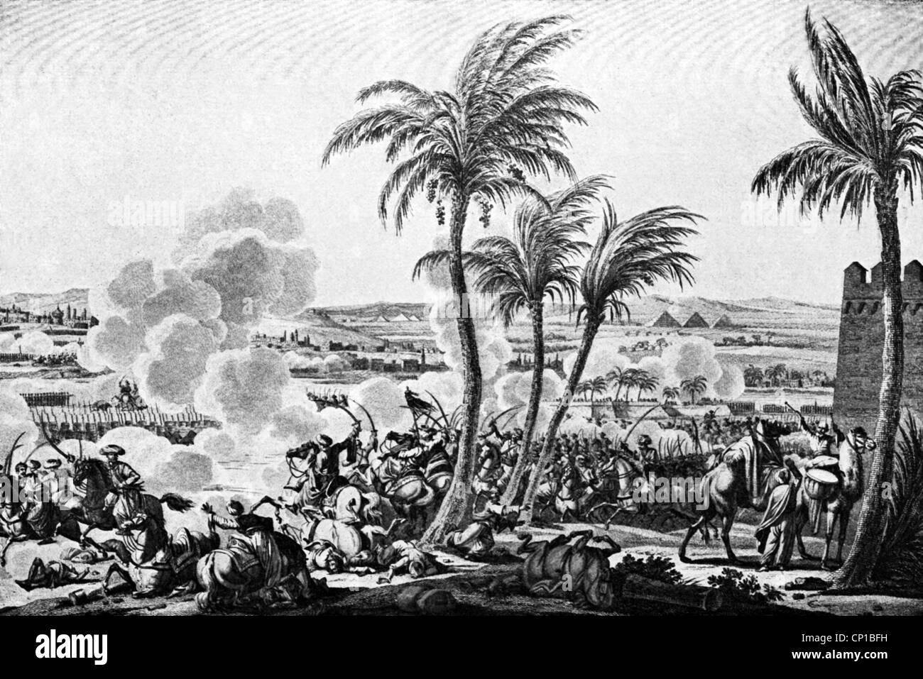 Ereignisse, Krieg der Zweiten Koalition 1798-1802, ägyptische Expedition, Schlacht bei den Pyramiden, 21.7.1798, nach Kupferstich von Dequevauviliers, französische Revolutionäre Kriege, die Napoleonischen Kriege, Frankreich, Osmanisches Reich, Mamelucken, Orient, Ägypten, Dessert, 18. Jahrhundert, historische, historische, Personen, Artist's Urheberrecht nicht gelöscht werden Stockfoto