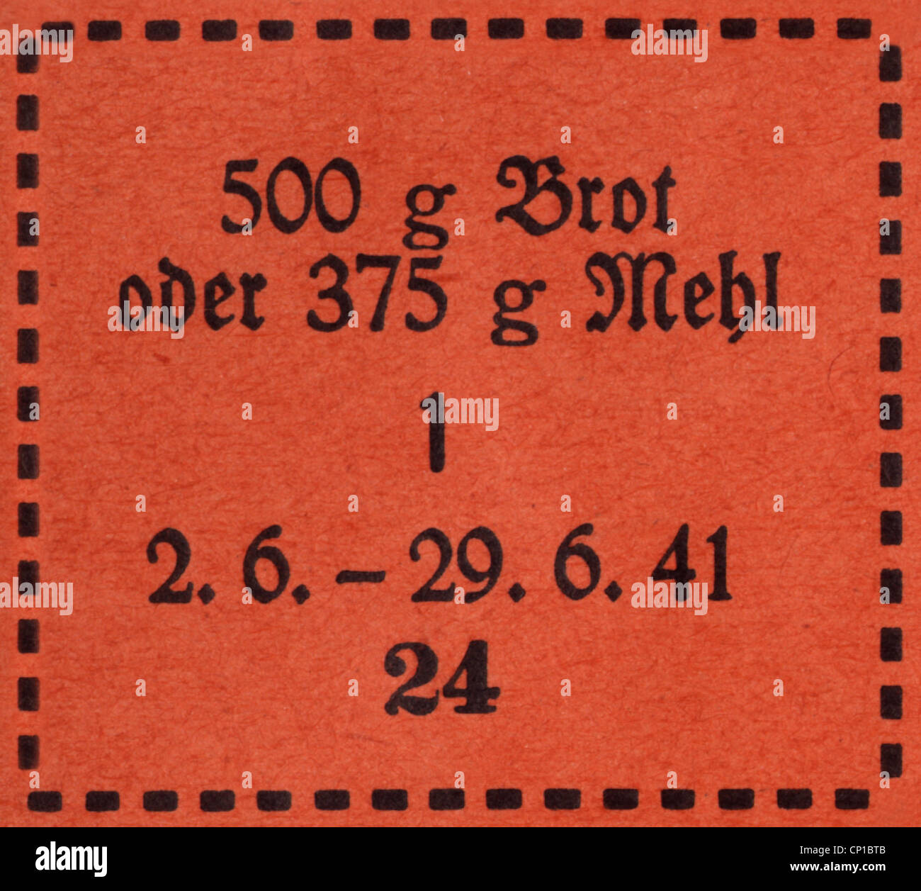 Nationalsozialismus / Nationalsozialismus, Dokumente, Rationsstempel für 500 Gramm Brot oder 375 Gramm Mehl, gültig 2.6. - 29.6.1941, Zusätzliche-Rechte-Clearences-Nicht Verfügbar Stockfoto