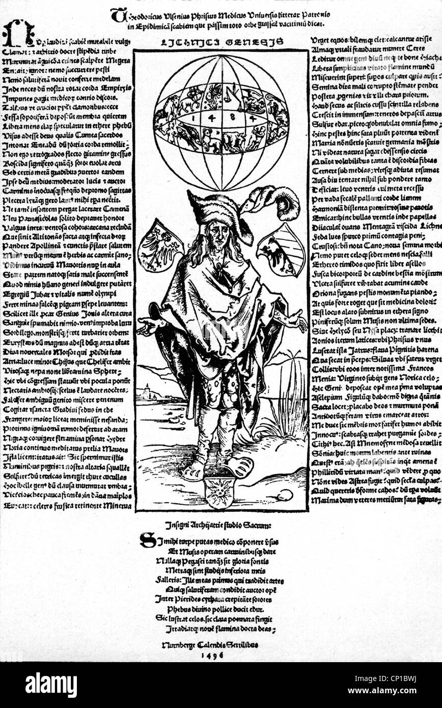 Medizin, Krankheiten, Syphilis, Faltblatt mit holzschnitt von Albrecht Dürer, Nürnberg, 1496, Artist's Urheberrecht nicht geklärt zu werden. Stockfoto