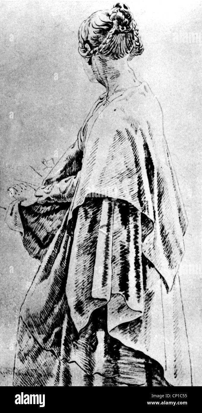 Bildende Kunst, Friedrich, Caspar David (5.9.1774 - 7.5.1840), "Frau im Umschlagetuch', Zeichnung, Sepia, zwischen 1820 und 1830, Artist's Urheberrecht nicht gelöscht werden Stockfoto