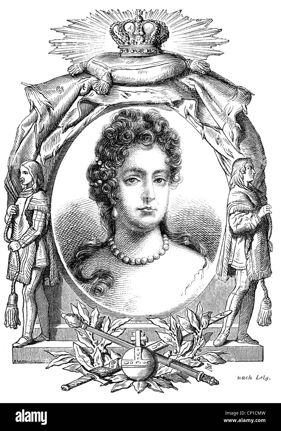Mary Beatrice, 25.9.1658 - 7.5.1718, Königin Consort of England 6.2.1685 - 11.12.1688, Porträt, Holzgravur, 19. Jahrhundert, Stockfoto