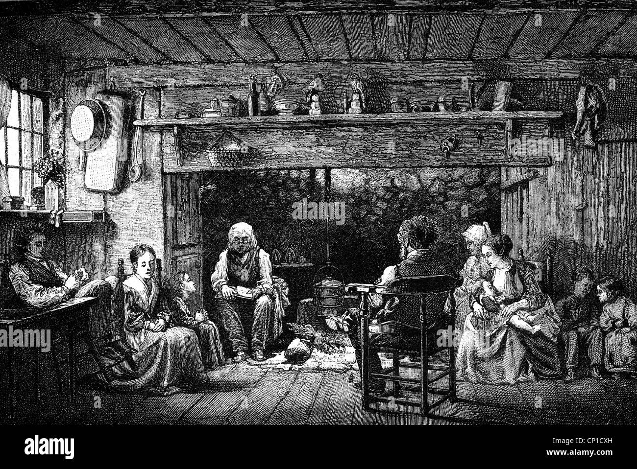 Personen, Familie, Großfamilie, Gravur 'Sunday Morning', von Eastman Johnson (1824 - 1906), Mitte 19. Jahrhundert, zusätzliche-Rechte-Clearenzen-nicht verfügbar Stockfoto