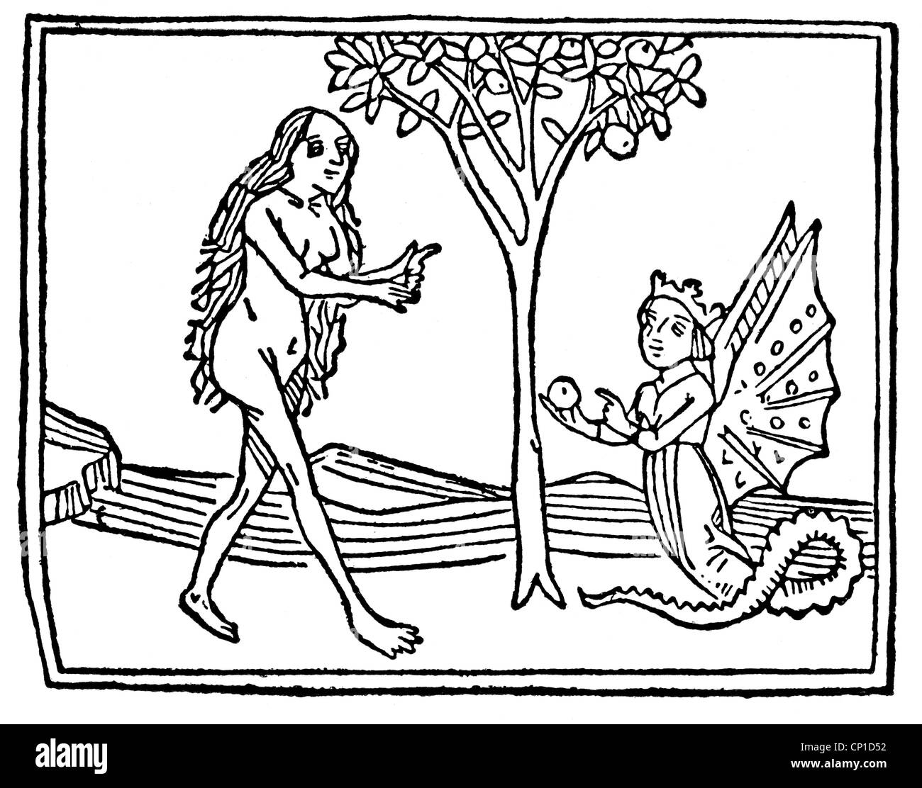 Religion, biblische Szenen, Adam und Eva, Eva und die Schlange, Holzschnitt, 'Speculum humanae salvationis', Augsburg, 1470, Zusatz-Rechteklärung-nicht vorhanden Stockfoto