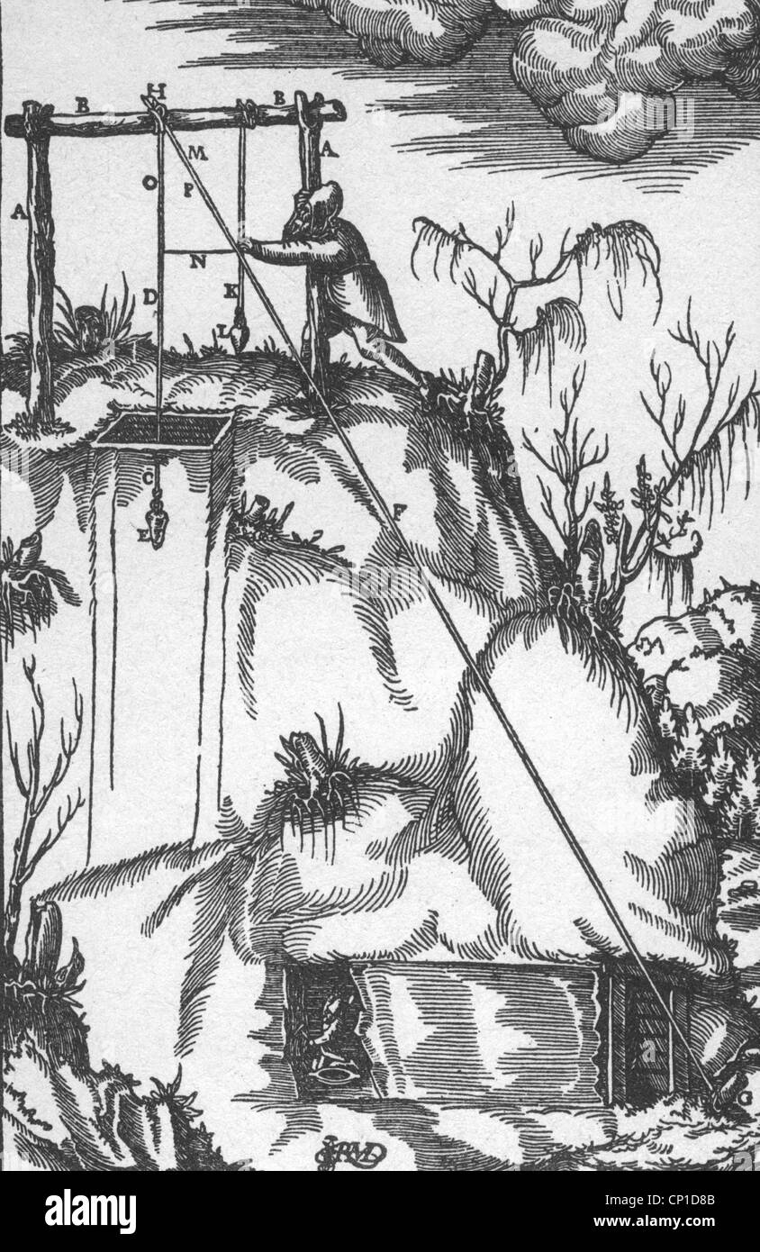Bergbau, Schächte / Stollen, Grubenvermessungoder einen Schacht vermessend, Holzschnitt aus 'vom Bergwerk' von Georgius Agricola, 1557, , zusätzliche-Rechte-Clearences-nicht vorhanden Stockfoto
