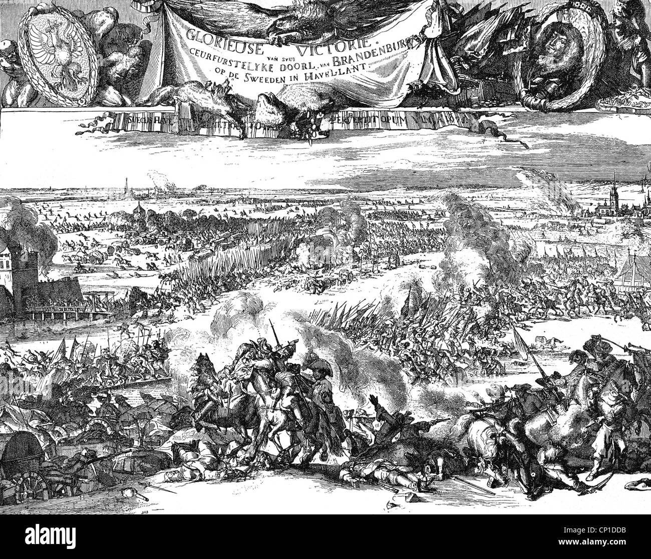 Ereignisse, Scanian war, 1675 - 1679, die schwedischen Truppen sind gezwungen, Brandenburg im Jahr 1675 zu verlassen, Niederländischer Flyer, Kupferstich von Romen de Groghe, 17. Jahrhundert, Zusatzrechte-Freiences-nicht vorhanden Stockfoto