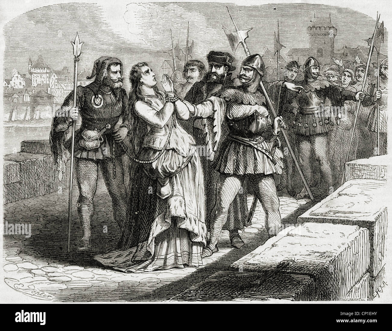 Bernauer, Agnes, ca. 1410 - 12.10.1435, heimliche Ehefrau von Albert III., Herzog von Bayern, Szene, auf der Brücke bei Straubing vor ihrer Hinrichtung, Holzgravur, 19. Jahrhundert, Stockfoto