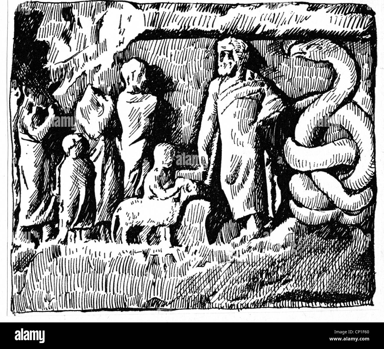 Zeus (lat.: Jupiter), der griechische "König der fünf", Anführer der Götter, gott des Himmels und Donner, voller Länge, mit Schlange und Menschen, die auf ihn opferen, Holzgravur nach einem Reliefbild, 19. Jahrhundert, Stockfoto