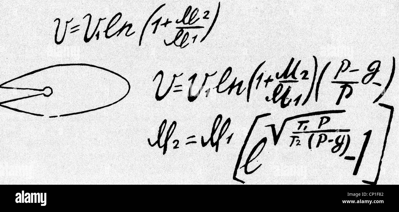 Tsiolkovskii, Konstantin Eduardovich, 17.9.1857 - 19.9.1935, russischer Physiker, Mathematikhistoriker, grundlegende Raketengleichung, handschriftlich von Tsiolkovskii, Stockfoto