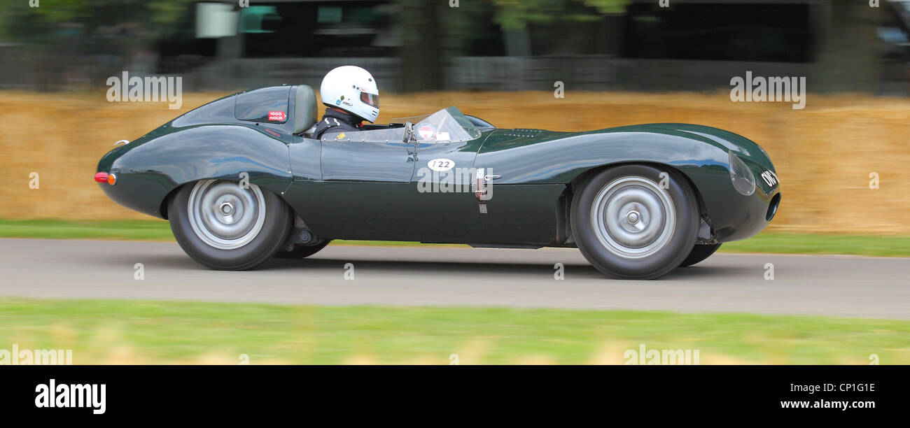Jaguar E-Type auf Glorious Goodwood Race circuit Stockfoto