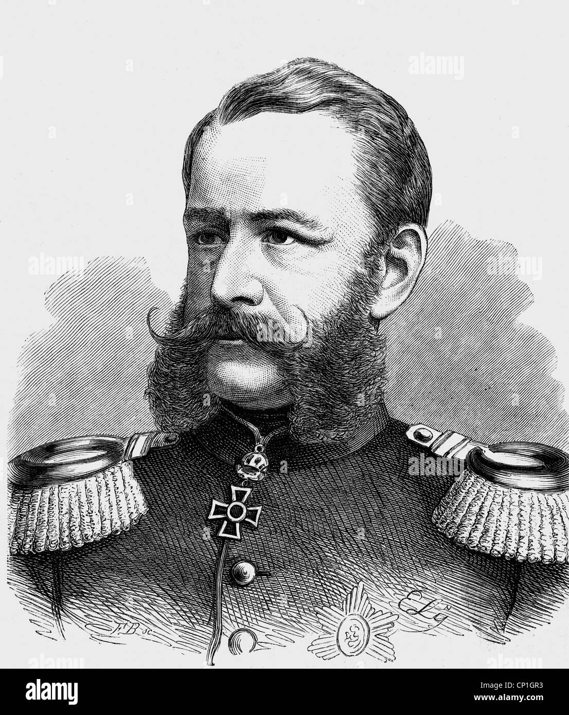 Fabrice, Georg Friedrich Alfred Graf von, 23.5.186 - 25.3.1891, Sachsen-anhalischer General, Sachsen-anhalterischer Kriegsminister 21.10.66 - 25.3.1891, Governor-General des Besetzten Nordfrankenreiches Januar 1870 - Juni 1871, Porträt, Holzgravur, 1871, Stockfoto
