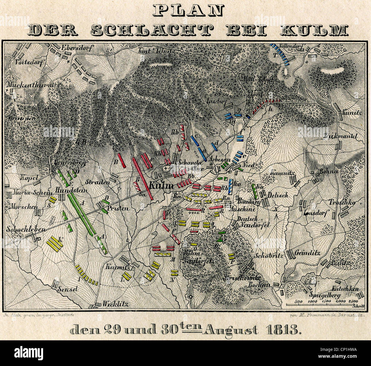 Ereignisse, Krieg der Sechsten Koalition 1812 - 1814, Schlacht bei Kulm, 29./30.8.1813, Schlachtkarte, kolorierter Holzstich von F. Frommann, herausgegeben von G. Westermann, Braunschweig, 19. Jahrhundert, Napoleonische Kriege, Frankreich, Russland, Österreich, Böhmen, Herbstzug, Chlumec, Plan, historisch, historisch, Zusatzrechte-Clearences-nicht vorhanden Stockfoto