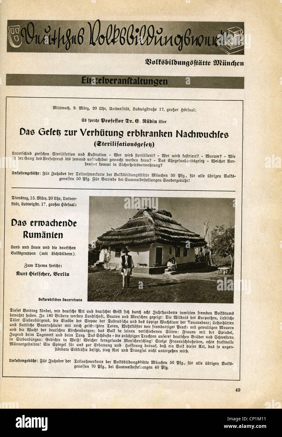 Nationalsozialismus / Nationalsozialismus, Organisationen, 'Kraft durch Freude' (KdF), Bildung, Vorträge, 'das Gesetz zur Verhuetung erbkranken Nachwuchs' von Professor Ernst Rüddin, 'das erwachende Rumänien' Anzeige von Kurt Hielscher, Volksbildungszentrum, Volksbildungszentrum) Zeitschrift der Gau München Oberbayern, März 1938, Zusatz-Rechteklärung-nicht verfügbar Stockfoto