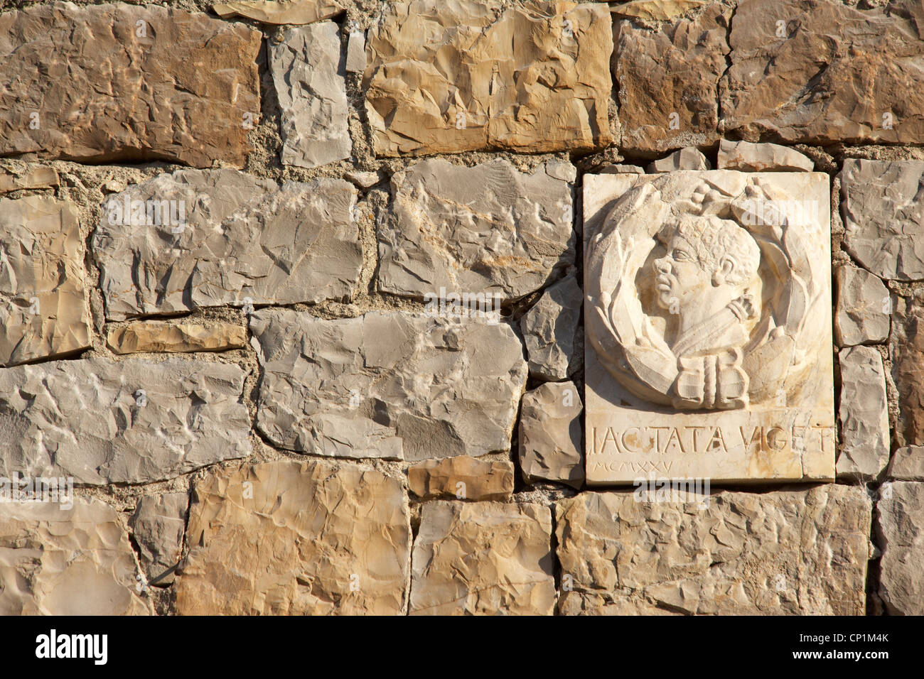 Geschnitzte steinerne Gedenktafel an Wand im Castel Monastero, Castelnuovo Berardenga, Toskana, Italien. Stockfoto