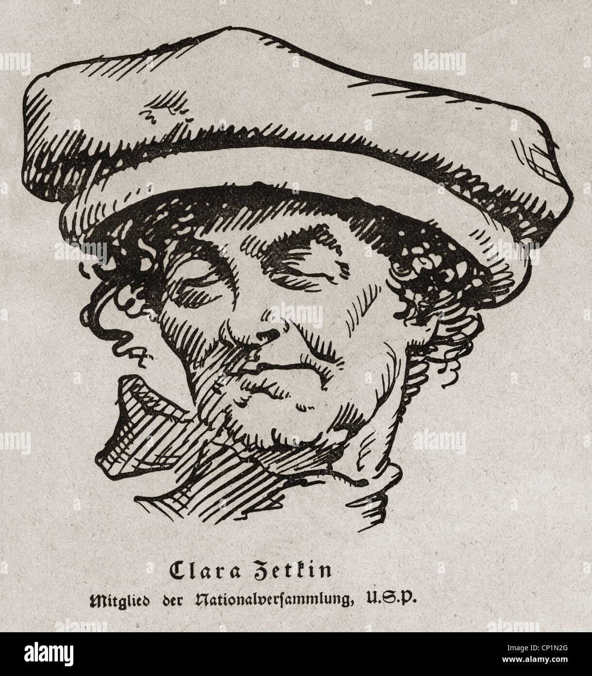 Zetkin, Clara, 5.7.1857 - 20. 6.1933 Deutsche Politikerin (SPD/CSU) und Frauenrechtlerin, Porträt, Karikatur, Zeitschrift "auf gut Deutsch", München, 1920, Stockfoto