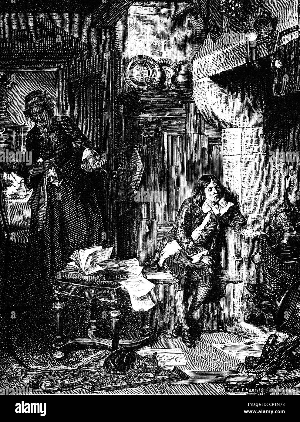 Watt, James, 19.1.1736 - 25.8.1819, schottischer Ingenieur und Erfinder, als Kübel, beobachtet den Dampfkessel seiner Mutter, Holzgravur von Neal, 19. Jahrhundert, Stockfoto