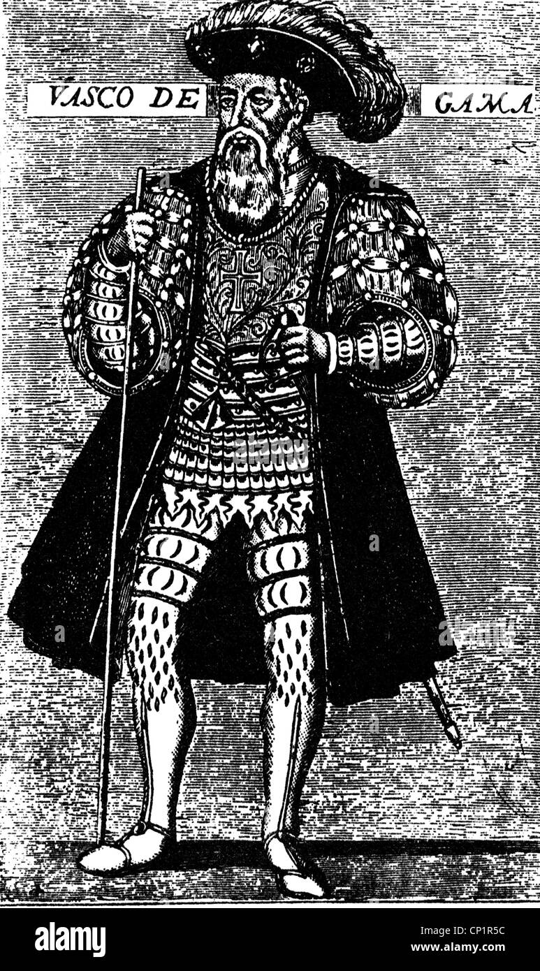 Gama, Vasco da, ca. 1469 - 24.12.1524, portugiesischen Seefahrer, volle Länge, Holzgravur, 19. Jahrhundert, Stockfoto