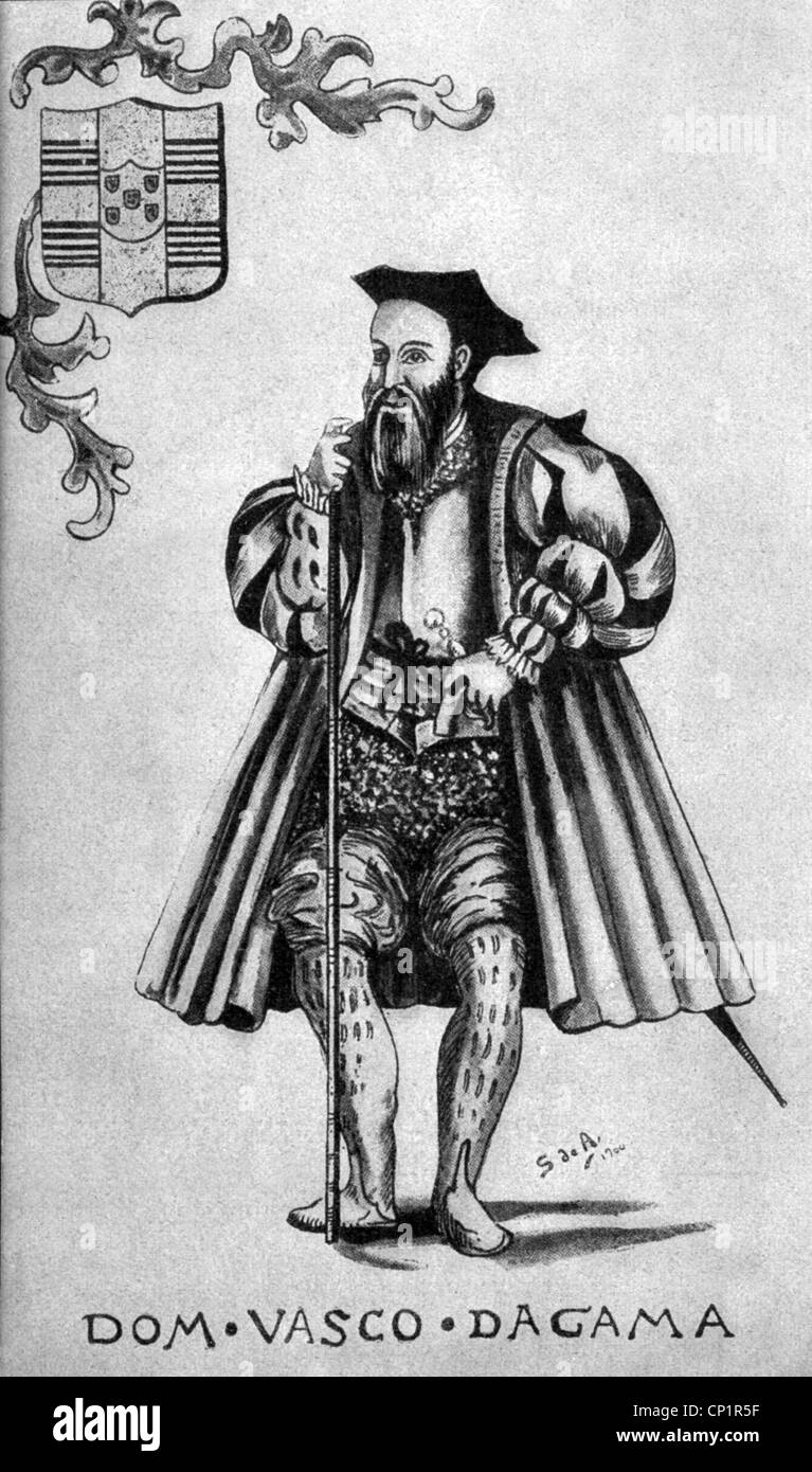 Gama, Vasco da, ca. 1469 - 24.12.1524, portugiesischen Seefahrer, volle Länge, nach Miniatur, 16. Jahrhundert, Stockfoto