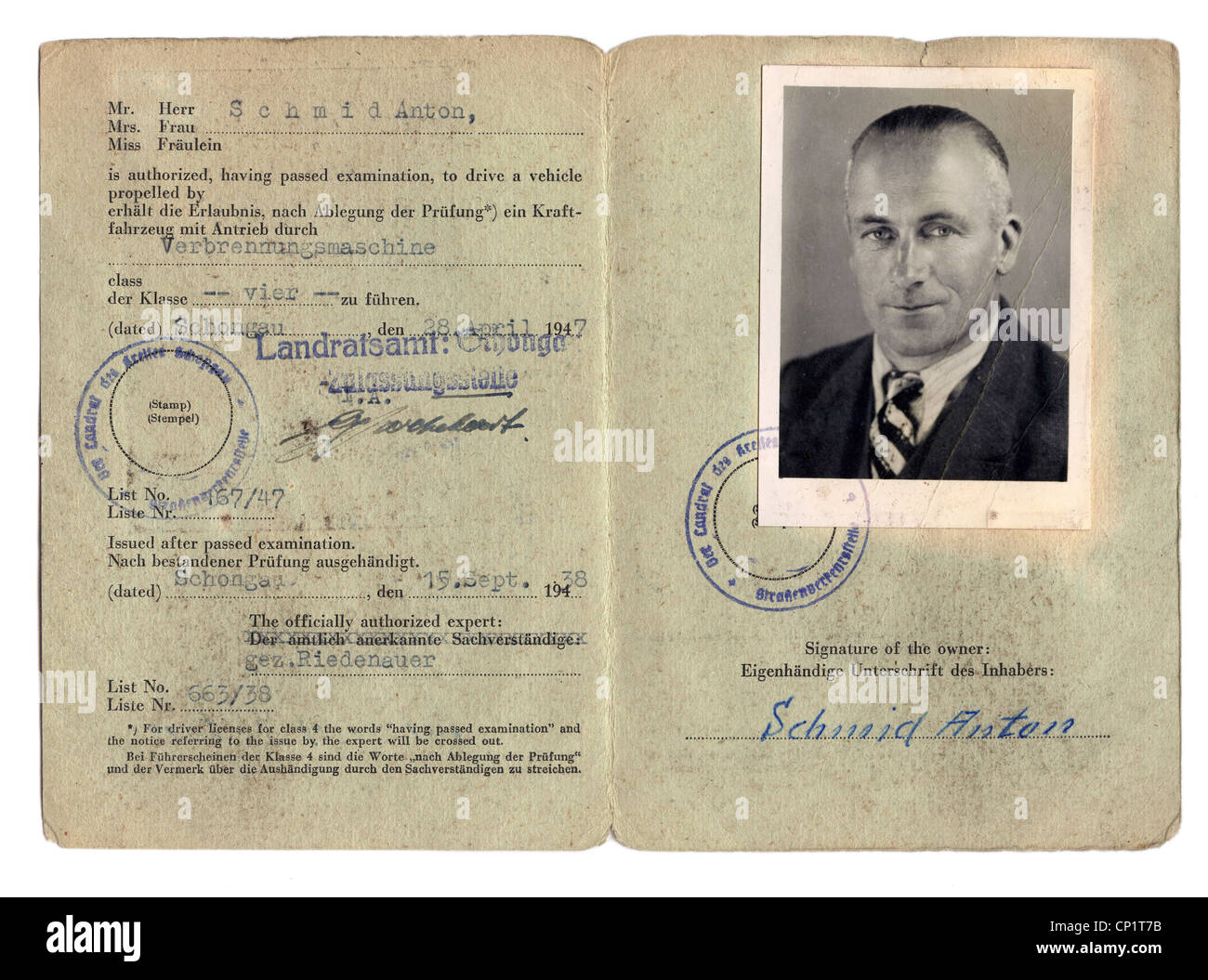 Transport, Motorrad / Motorrad, Führerschein, Klasse 4 (Fahrrad bis 50 ccm), im Besitz von Anton Schmid, Peiting, ausgestellt am 28.4.1947, Zusatzrechte-Abgaben-nicht verfügbar Stockfoto