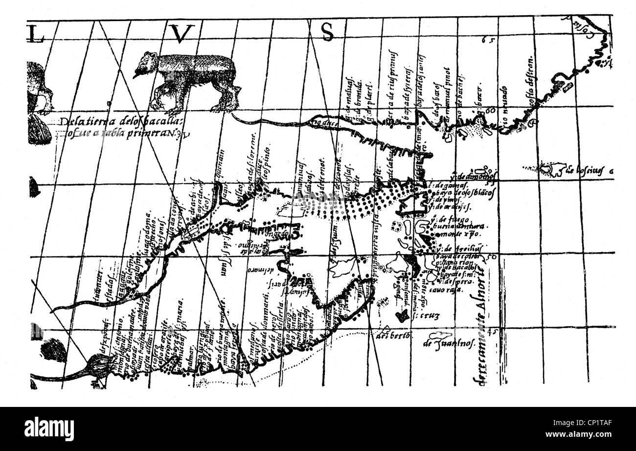 Kartographie, Karten, Amerika, Kanada, Mündung des Sankt-Lorenz-Flusses, Karte von Sebastian Cabot, 1544, zusätzliche-Rights-Clearences-not available Stockfoto
