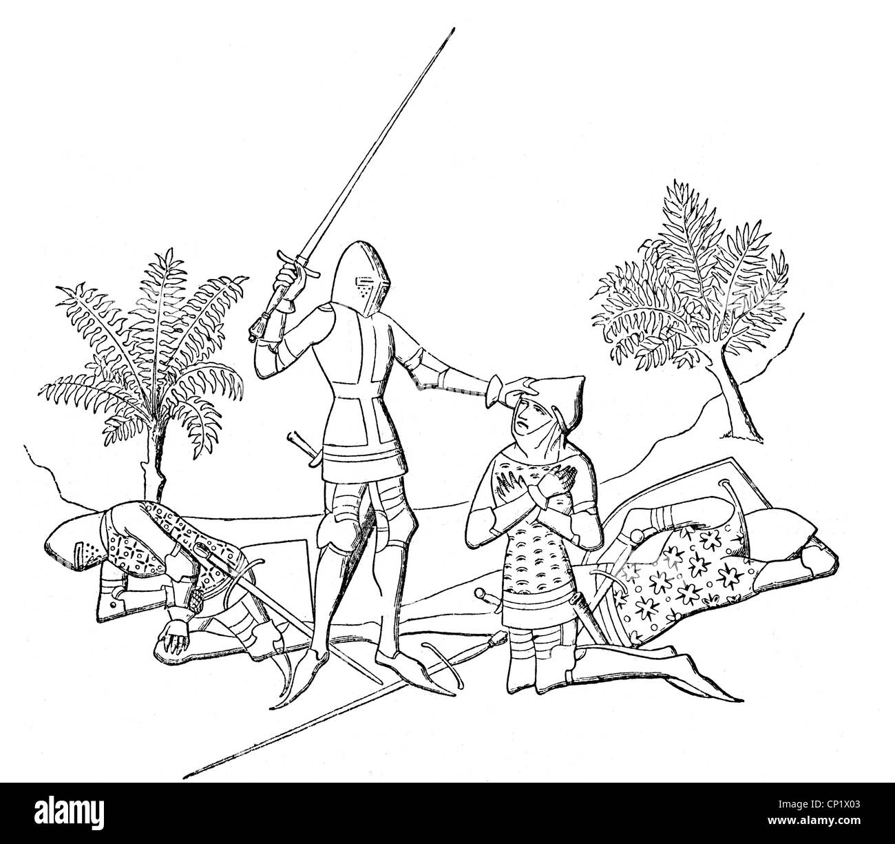 Mittelalter, Ritter, besiegte Ritter, Holzstich, Illustration aus 'Les Arts au moyen age', von Paul Lacroix, 1869, nach einer Miniatur aus dem 13. Jahrhundert, Zusatzrechte-Clearences-nicht vorhanden Stockfoto