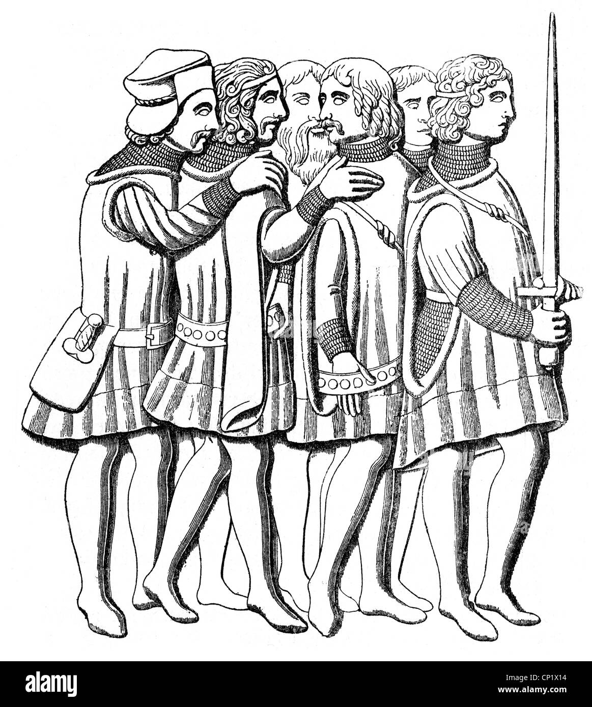 Mittelalter, Ritter, italienische Ritter aus der ersten Hälfte des 15. Jahrhunderts, Holzstich, 19. Jahrhundert, nach einem Flachrelief an der Bronzetür des Petersdoms, Rom, Adlige, Adlige, Schwert, Schwerter, Männer, Mann, Waffen, Waffen, Waffen, Waffen, Arm, Italien, Mittelalter, Mode, historisch, historisch, Menschen, Zusatzrechte-Clearences-nicht vorhanden Stockfoto