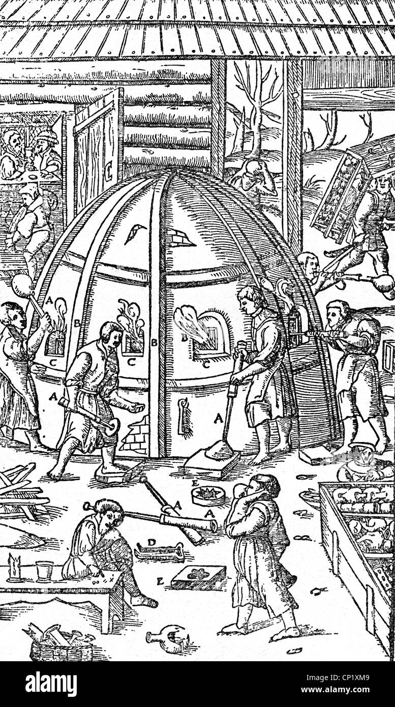 Industrie, Glas, Glasofen, Holzschnitt, 'De re metallica libri XII' von Georgius Agricola, Basel, 1556, zusätzliche-Rights-Clearences-not available Stockfoto