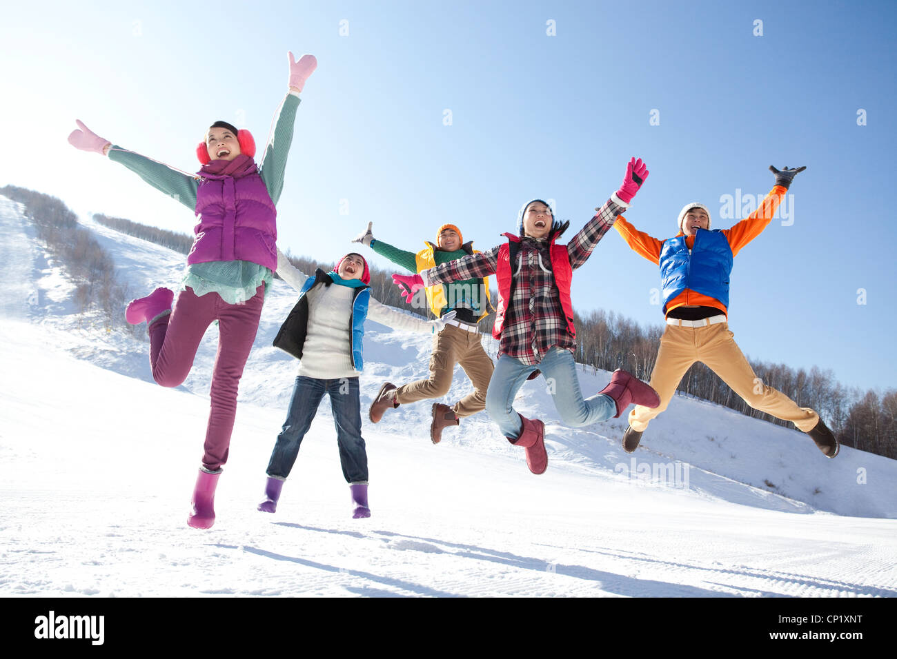Junge Leute, die Spaß im Schnee Stockfoto