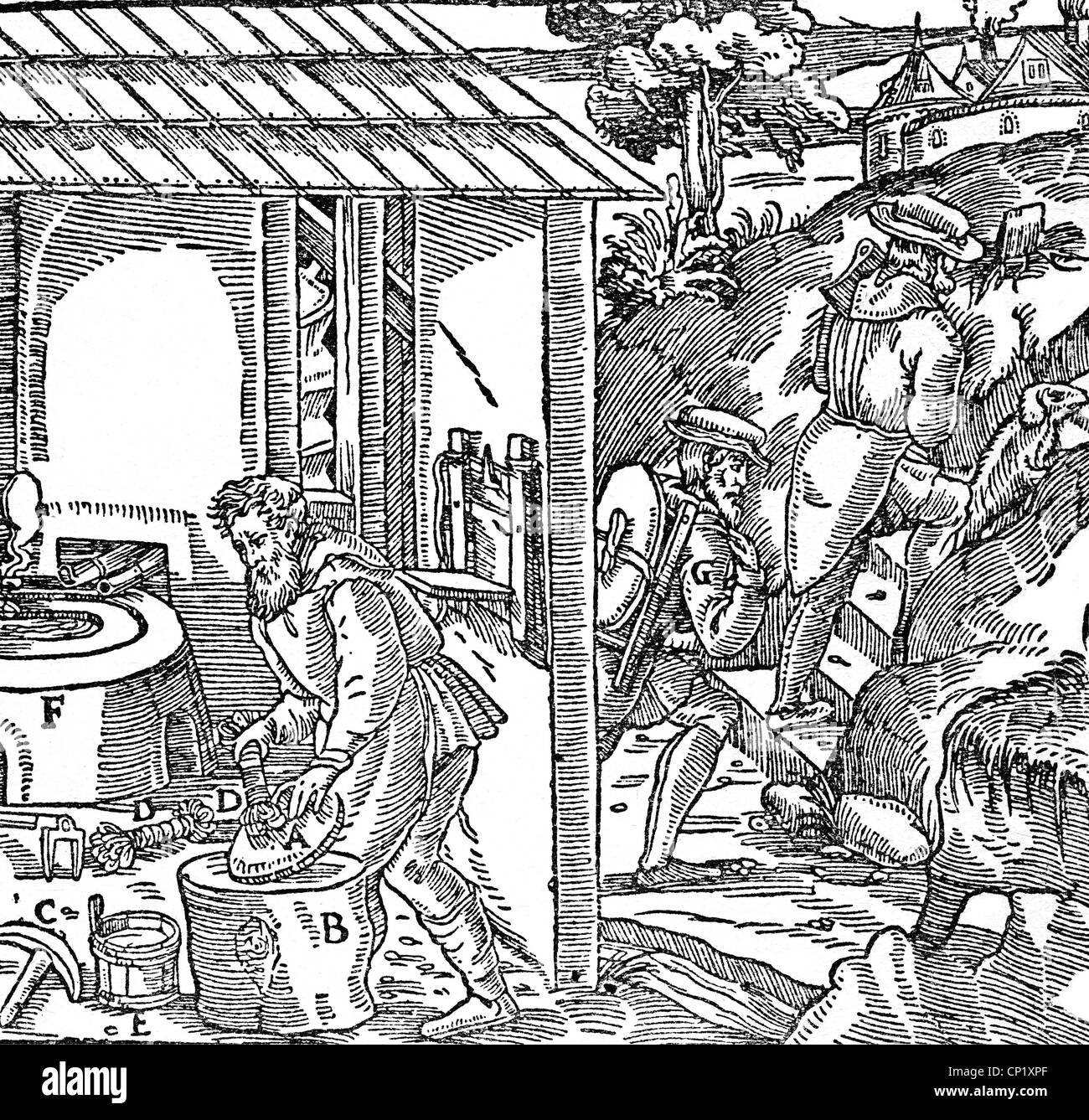 Bergbau, Bergwerk, Gewinnung und Transport von Bleierz, Holzschnitt, 'De re metallica libri XII' von Georgius Agricola, Basel, 1556, zusätzliche-Rechte-Clearenzen-nicht verfügbar Stockfoto