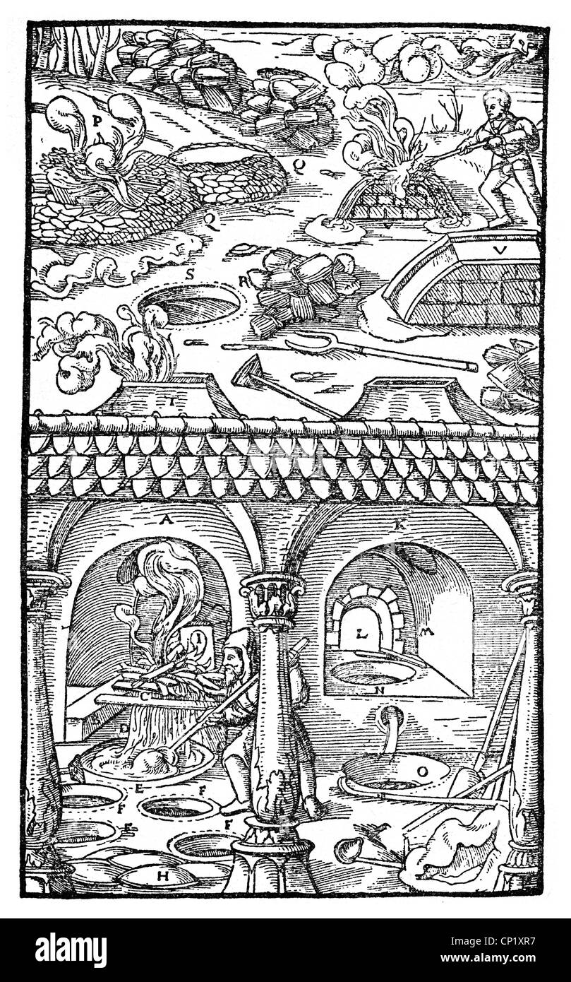 Bergbau, Bergwerk, Erzschmelze, Holzschnitt, 'De re metallica libri XII' von Georgius Agricola, Basel, 1556, zusätzliche-Rights-Clearences-nicht verfügbar Stockfoto