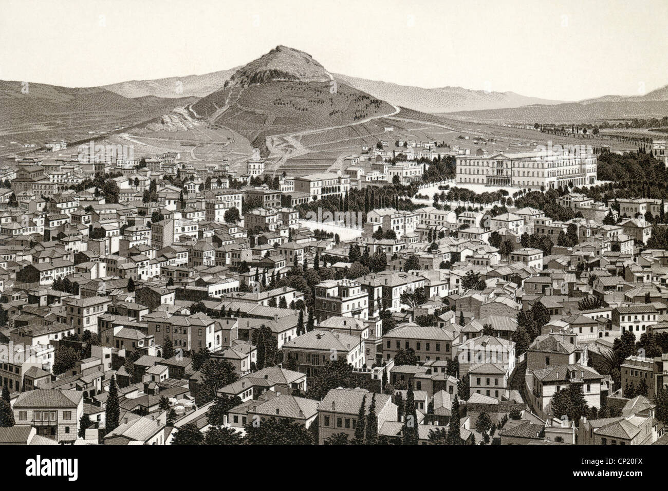 Geographie / Reisen, Griechenland, Athen, Ansicht, oben rechts: Königspalast am Syntagma-Platz, oben links: Mount Lykabettus, Zeichnung, Ende des 19. Jahrhunderts, parlamentsgebäude, Berg, Blick auf die Stadt, Stadtbild, Stadtbild, Stadtbild, Stadtbild, Stadtbild, Altstadt, Altstadt, Altstadt, Altstadt, historisches Stadtzentrum, Gebäude, Gebäude, Haus, Häuser, Südosteuropa, Balkan, Balkanhalbinsel, historisch, historisch, Zusatzrechte-Clearences-nicht verfügbar Stockfoto