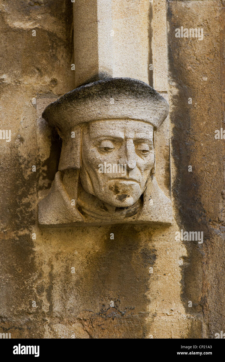 Geschnitzter Steinkopf, Schulen Viereck, Bodleian Library, Oxford England Stockfoto