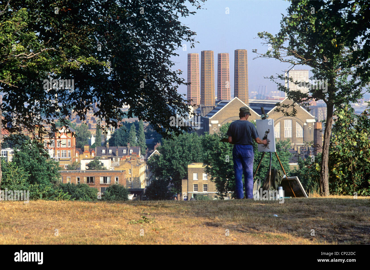Großbritannien, London, Maler im Greenwich Park mit Blick auf powerplant Stockfoto
