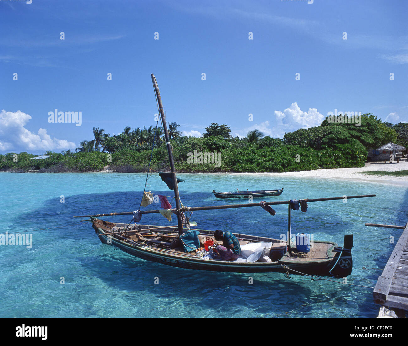 Einbaum Fischerboot, Bandos, Kaafu Atoll, Republik Malediven Stockfoto