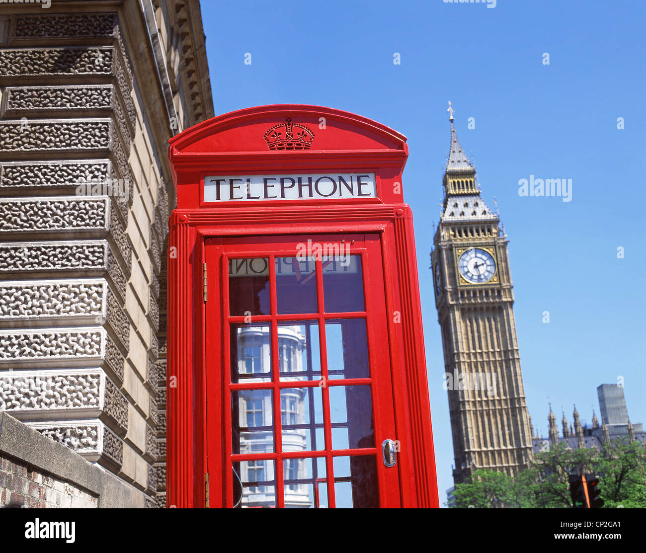 Big Ben und roten Telefon Box, Parliament Square, Westminster, City of Westminster, Greater London, England, Vereinigtes Königreich Stockfoto