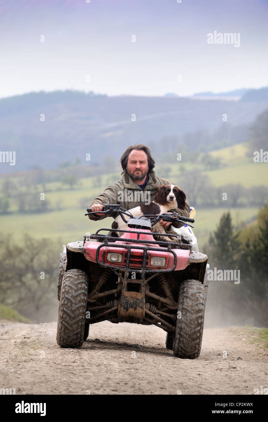 Ein Bauer auf einem Quad-Bike mit seinen Spaniel Hund Wales, UK Stockfoto