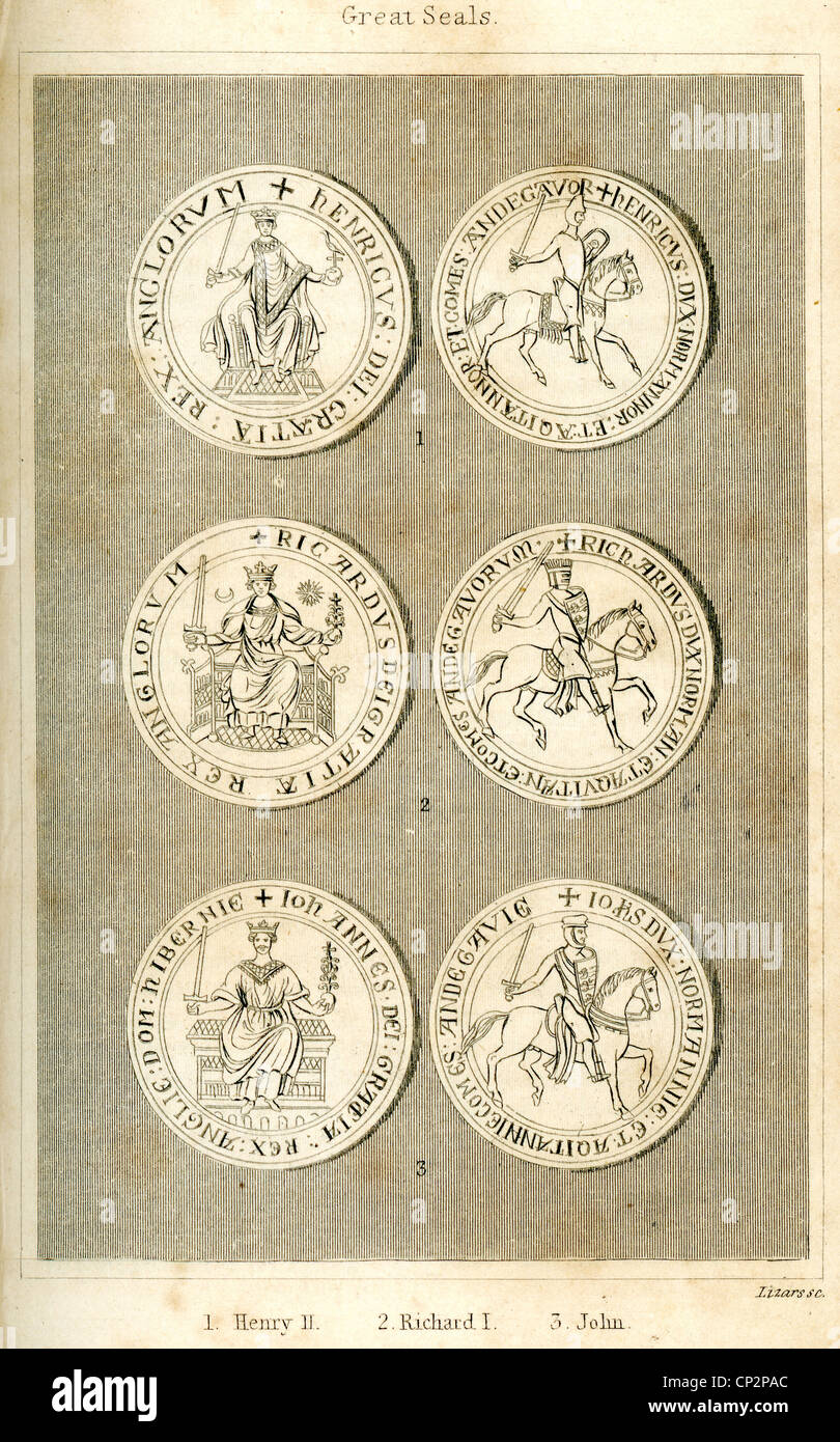 Abbildung der großen Dichtungen von König Heinrich II., König Richard I und König Johann Stockfoto