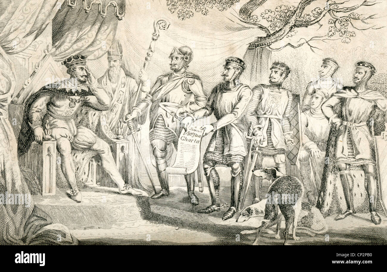 Die Barone erzwingen von König Johann, die Magna Charta zu unterzeichnen Stockfoto