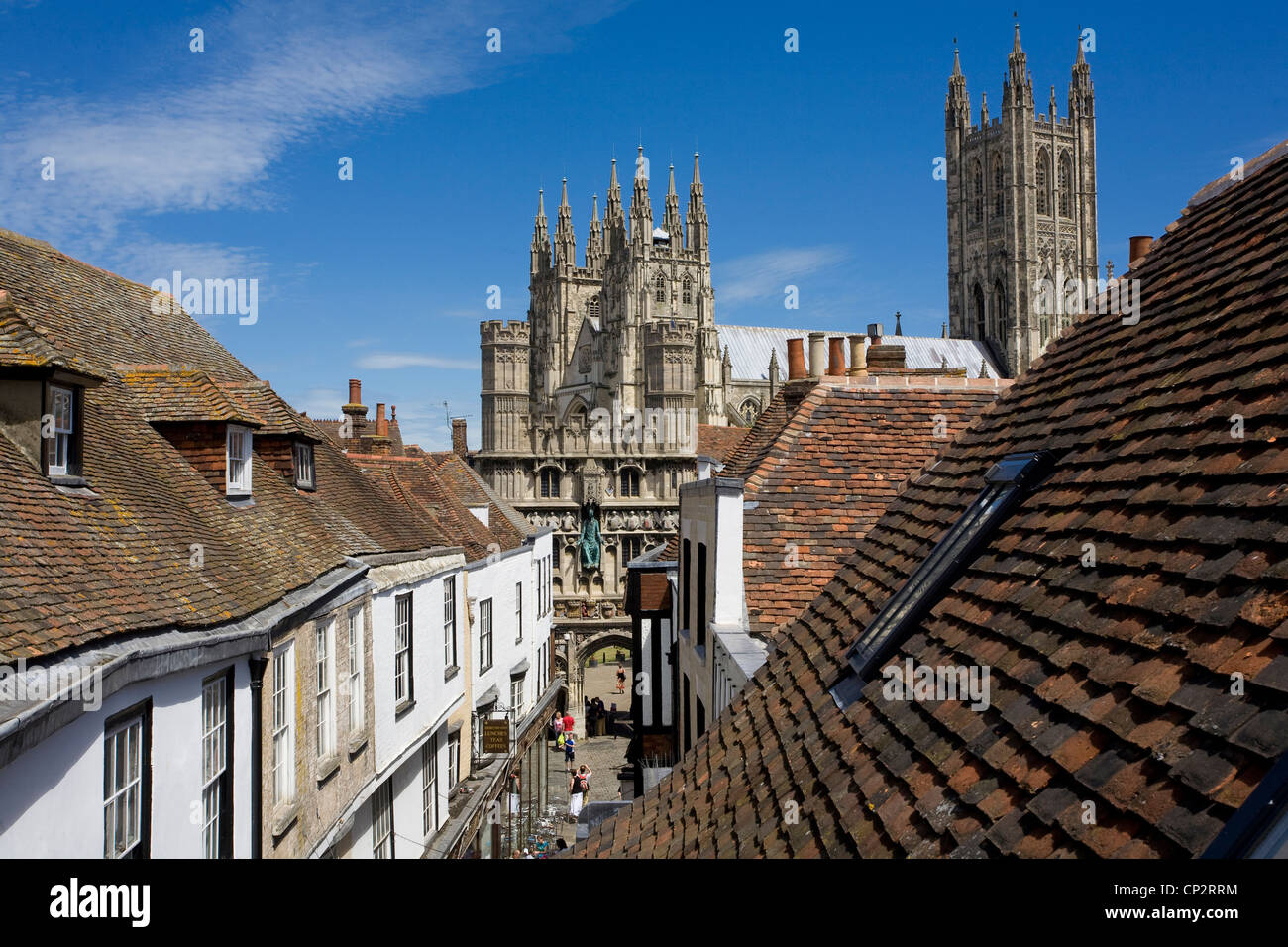 Blick von der Dachterrasse in Richtung Kathedrale, Canterbury, Kent, England, UK Stockfoto