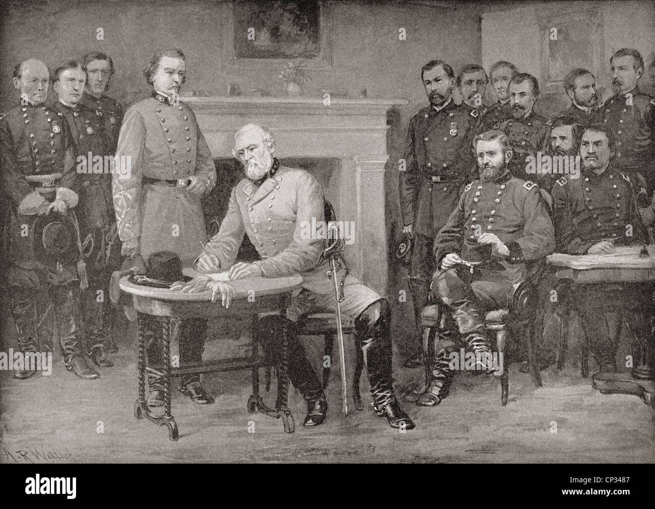 Kapitulation von General Lee, General Grant bei Appomattox Gerichtsgebäude, Virginia, America, 1865. Das Ende des amerikanischen Bürgerkriegs. Stockfoto