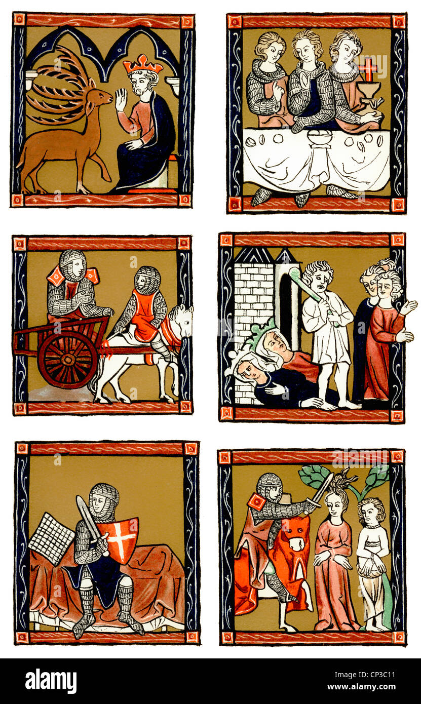 Manuskript aus dem 13. Jahrhundert, Gemälde von Arthur Romane, Erzählungen von König Arthur, Merlin, Lancelot, Julius Caesar Stockfoto